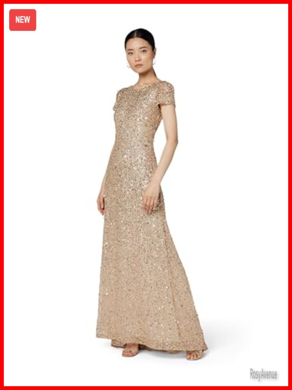 Sequin Evening Gown Scoop Back Crew Neck Short Sleeve Floor Length